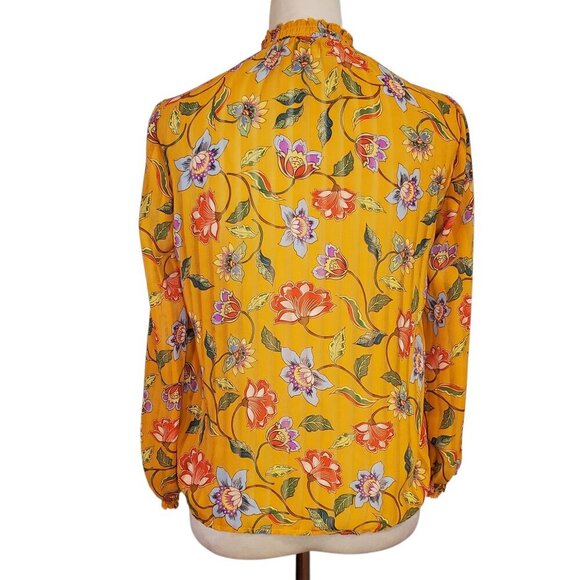 NANETTE LEPORE SZ XS Floral Yellow V-Neck Gathered Peasant Top - Picture 4 of 10